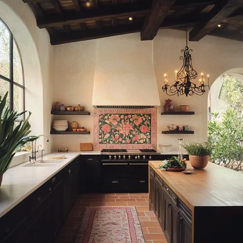 spanish colonial kitchen with colorful zellige tile and ornate lighting