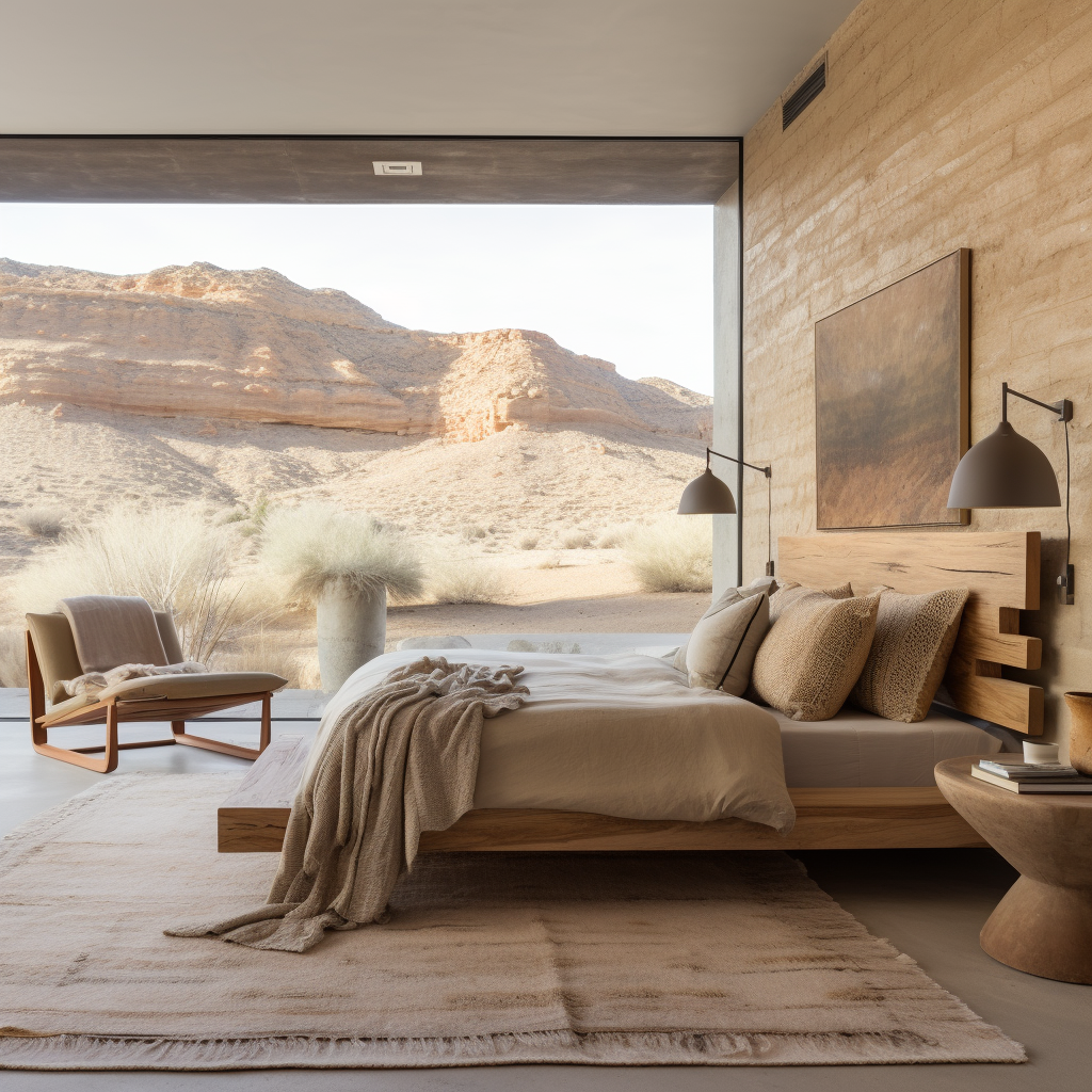 A modern bedroom with a large window overlooking a desert landscape with mountains. The room has a wooden bed frame with beige pillows and a blanket, two wall-mounted lamps, a bedside table with books, a chair, and a vase with pampas grass.