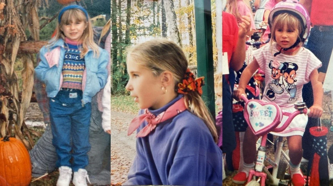 Three young girls in different outdoor settings, one standing next to pumpkins, another with blonde hair in profile wearing a purple bandana, and the third riding a pink bicycle with a Minnie Mouse shirt, all surrounded by trees and people.