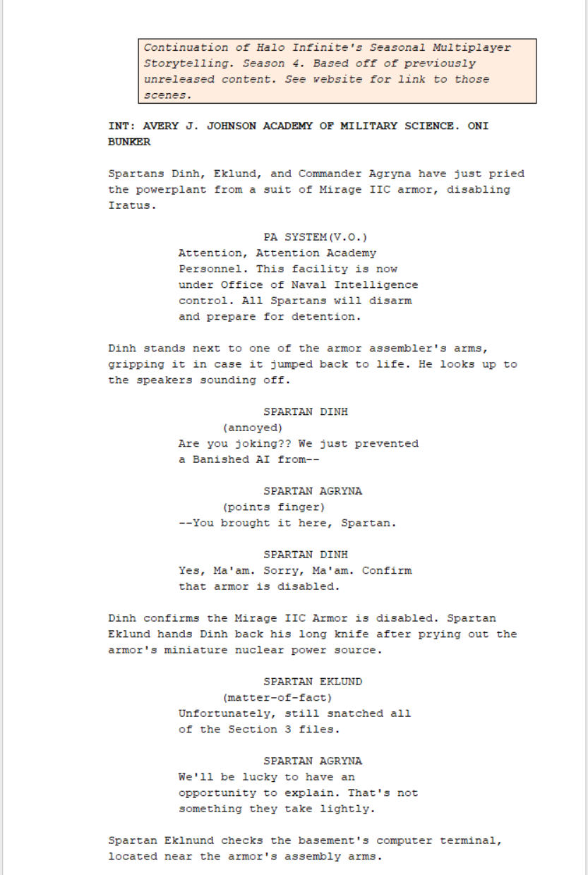 Seasonal Multiplayer Cinematic Example: Halo Infinite Season 4. A "What if it continued?" Script
