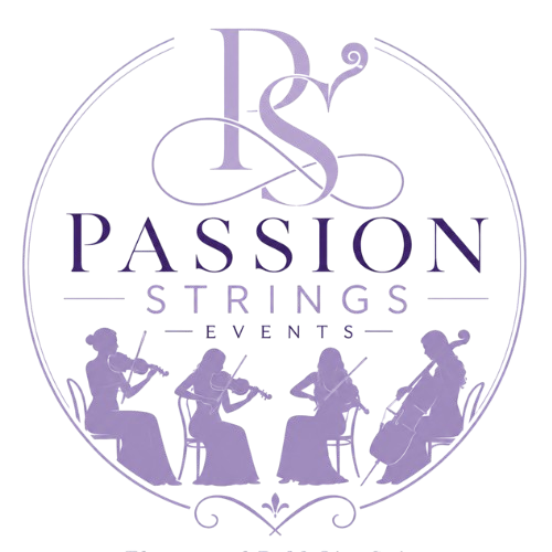 Logo for Passion Strings Events featuring a silhouette of four women playing string instruments, with decorative script and the words 'RS Passion Strings Events' in purple.