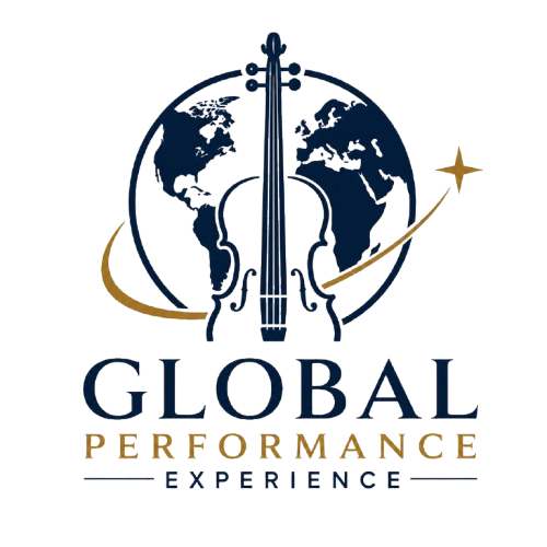 Logo featuring a world map with a violin at the center, a star, and the words 'Global Performance Experience'.