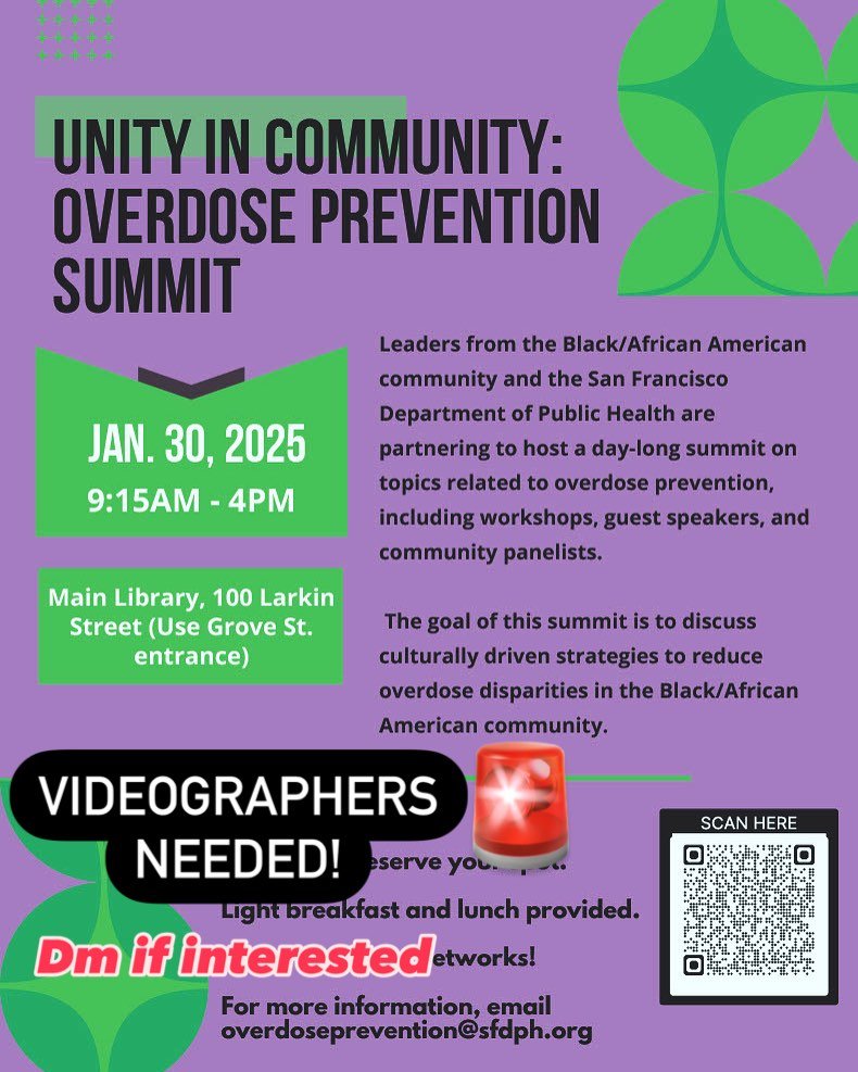 🚨🚨VIDEOGRAPHERS NEEDED🚨🚨 Code TL and Tenderloin Housing Clinic are working with DPH to host the first annual Black Overdose Awareness Summit. #studio374 is proud to be producing a video recap of the day. DM us if you’re interested in being