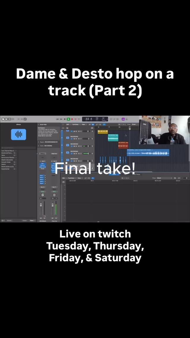 Dame & Desto make a song together (Part 2)
Latest YouTube video link: https://youtu.be/a3o6N1zZWUQ?si=yJAMNzHyVHOIa4Ez
Live Music & Vibes at Studio374!
Join us on Twitch & YouTube every Tuesday, Thursday, Friday & Saturday from 6PM&