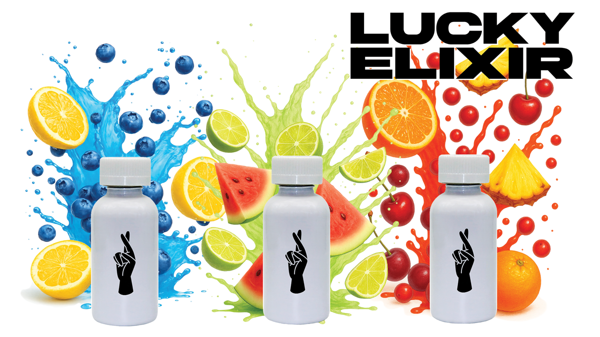Bottles of juice with splashes of citrus fruits and berries in the background, under the text "Lucky Elixir."