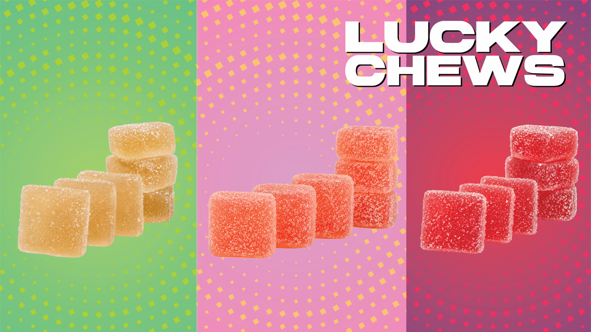 Three sets of sugar-coated gummy candies in different colors: yellow on green background, orange on pink background, and red on red background, with the text "LUCKY CHEWS" in bold white and black letters at the top right.