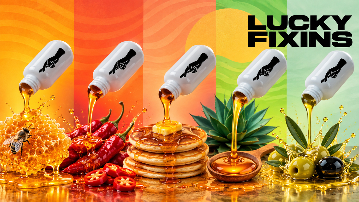 Colorful background with bottles labeled with a hand icon pouring honey onto honeycomb, chili peppers, pancakes with syrup, aloe vera plant, and olives, with the text 'Lucky Fixings' in the top right corner.