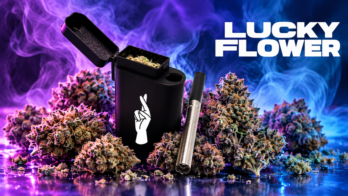 Cannabis buds surrounding a black vaporizer with a hand making a peace sign on it, a vape pen, and an open container of cannabis on a colorful smoke-filled background with the words "Lucky Flower" in the top right corner.