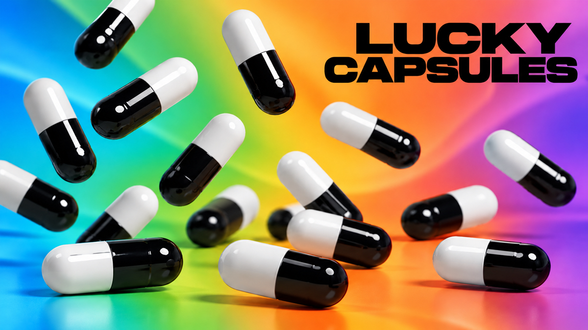Numerous black and white capsules with a rainbow background and the text 'Lucky Capsules' in bold black letters.
