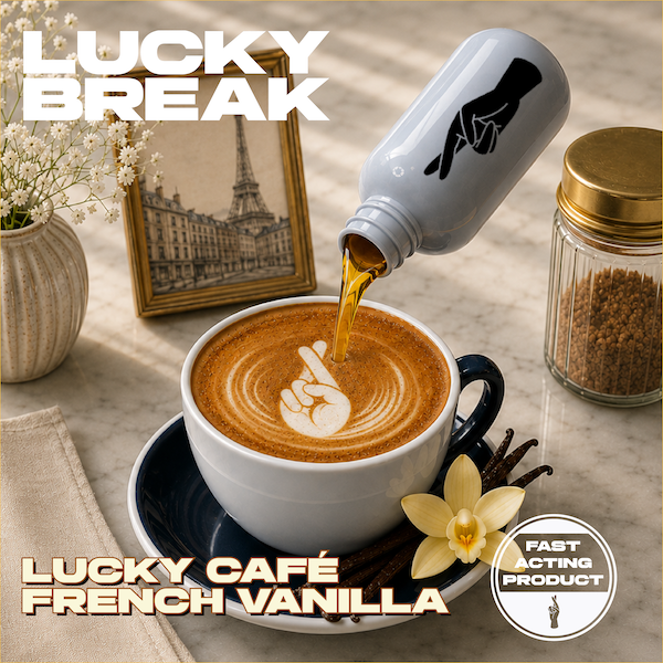 A cup of coffee with latte art of a peace sign, with syrup being poured from a bottle with a peace sign on it. Surroundings include a small flower vase, a framed picture of the Eiffel Tower, a jar of sugar, and vanilla beans, on a marble surface. The text says 'Lucky Break' and 'Lucky Café French Vanilla'.