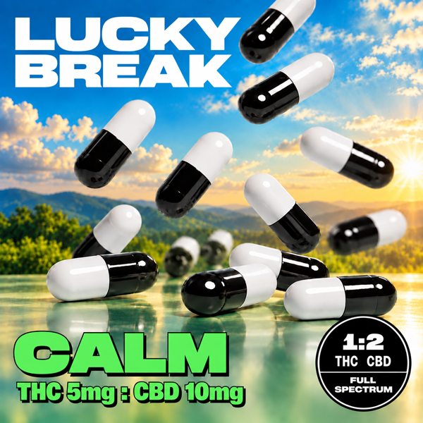 An advertisement with black and white capsules falling from the sky, a scenic background of a sunrise over mountains and trees, and text promoting Lucky Break CBD capsules with THC and CBD content, emphasizing calmness and full spectrum THC and CBD.
