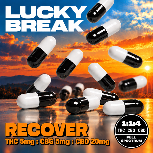 Capsules with THC, CBG, and CBD floating against a sunset background with mountains and water, promoting a recovery supplement with full spectrum cannabinoids.