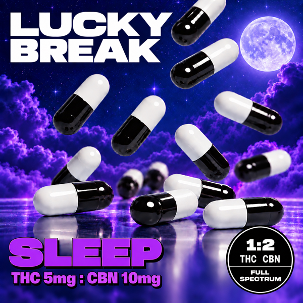 Falling black and white capsules with a purple and blue night sky, moon, and clouds in background promoting sleep aid with THC and CBN.