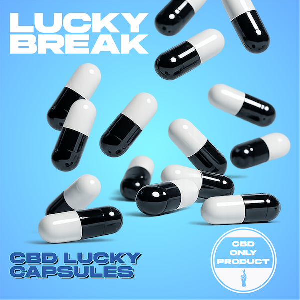 Black and white CBD capsules scattered on a blue background with text indicating 'Lucky Break' and 'CBD Lucky Capsules,' and a circular logo with 'CBD Only Product' and a small hand making a peace sign.