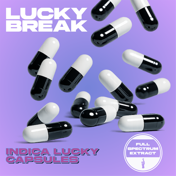 Black and white capsules labeled as Indica Lucky Capsules with a purple background and the words "Lucky Break", "Full Spectrum Extract" and a bunny logo.