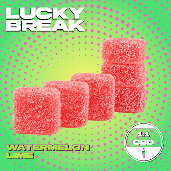 Five watermelon lime flavored gummy candies arranged in a line with a green dotted background and purple dots, with the text 'Lucky Break' at the top and a CBD logo at the bottom right.