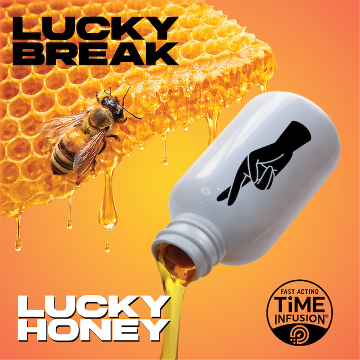 A honeybee on a honeycomb, with honey dripping, and a white bottle with a black health icon, labeled "Lucky Honey" and "Lucky Break" on an orange-pink background.