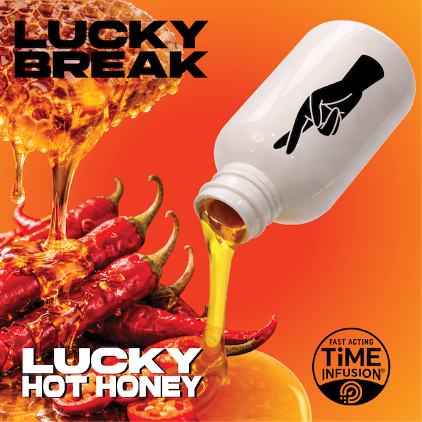 Orange background with hot sauce and red chili peppers, labeled 'Lucky Hot Honey,' pouring from a white bottle with a black hand icon, and text indicating fast acting 'Time Infusion'.