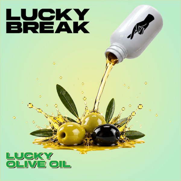Olives with pouring olive oil and a bottle with an olive branch design, featuring leaves and splash effects, on a green background with 'Lucky Break' and 'Lucky Olive Oil' text.