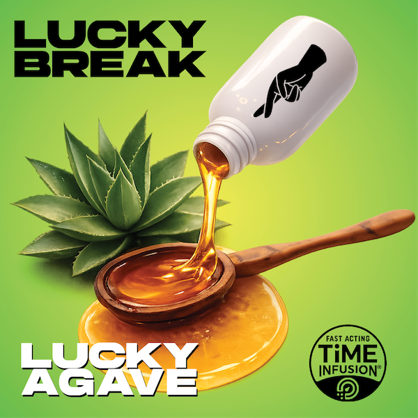 Lucky Break Lucky Agave medicinal supplement with aloe vera plant and herbal syrup being poured from a bottle with a pointing finger icon, on a green background.