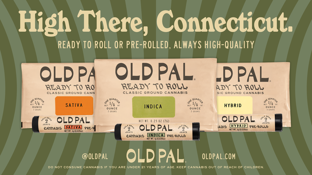 Display of three packages of OLD PAL pre-roll cannabis products in different strains: Sativa, Indica, and Hybrid. The packages feature a vintage design with a rolling paper tube in front and social media and website information at the bottom.
