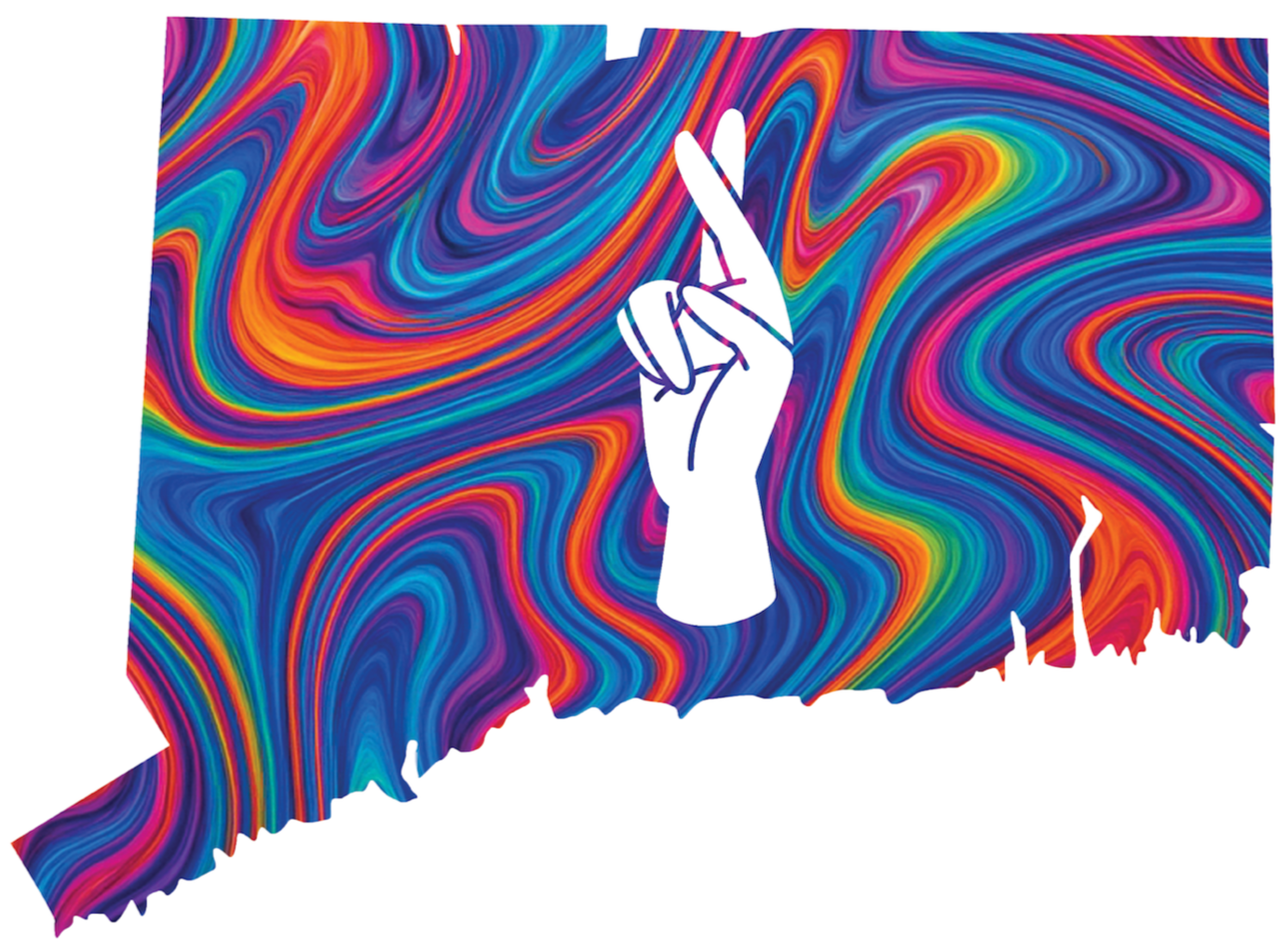 A colorful Oklahoma state map with a swirling rainbow pattern background, featuring a white outline of a hand making a peace sign.