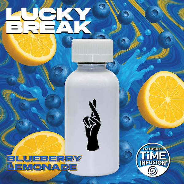 A white bottle with a black peace sign hand symbol, surrounded by blueberries and lemon slices on a colorful blue and yellow swirled background, with text indicating blueberry lemonade flavor and fast-acting time infusion.