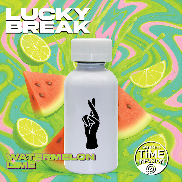 A bottle with a black hand making a peace sign on it, set against a colorful background of watermelon and lime slices, with text indicating a watermelon lime flavor and a reference to a quick-acting time infusion.