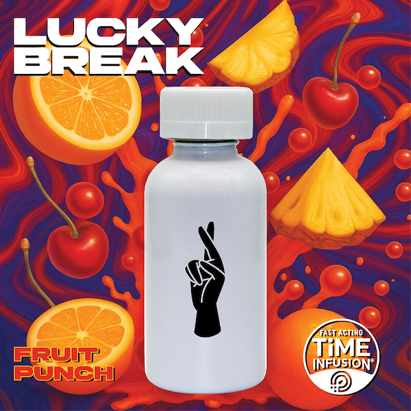 A white bottle with a black hand clenched fist logo surrounded by floating slices of orange, pineapple, cherries, and orange fruits against a colorful, swirling background.