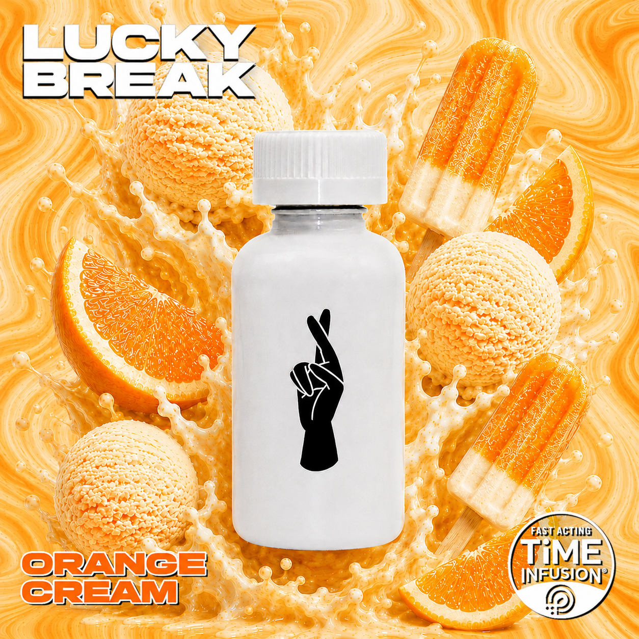 A white bottle with a black hand sign on it surrounded by orange creamsicle ice cream, orange slices, and orange popsicles with a splashy orange background. Text reads 'Lucky Break' and 'Orange Cream'. A circular label says 'Fast Acting Time Infusion'.