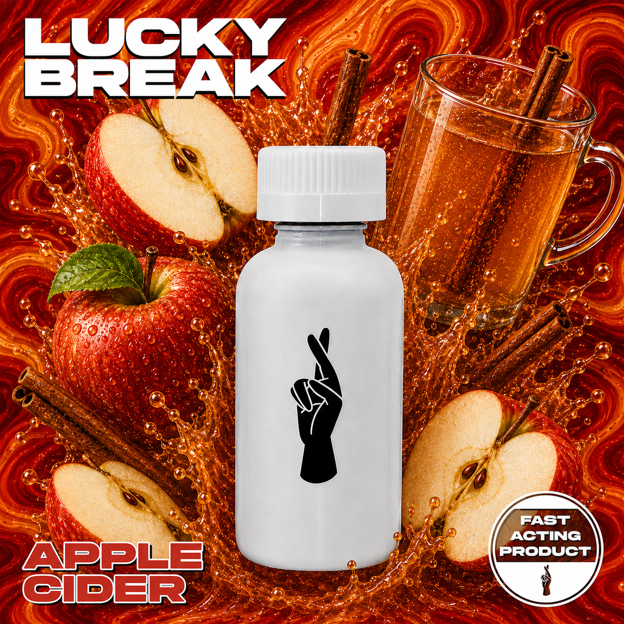 A bottle of apple cider with a black logo of a hand making a finger gun gesture, surrounded by halved apples and cinnamon sticks, against a swirling orange background with splashes and bubbles, advertising a fast-acting apple cider product.