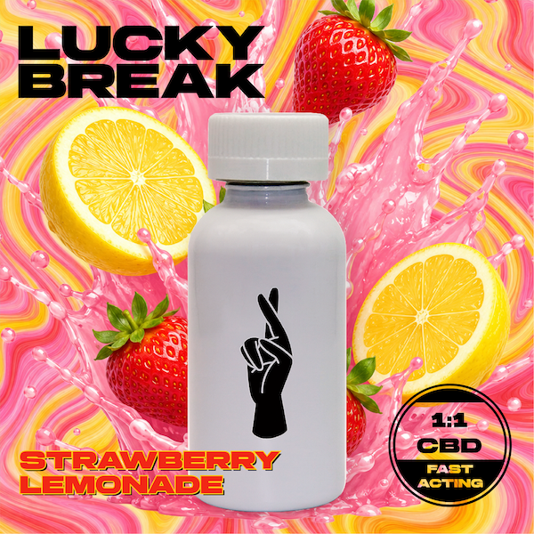 A white bottle with a black hand making a peace sign, surrounded by strawberries and lemon slices with pink splash effects and colorful swirls in the background, advertising strawberry lemonade with 1:1 CBD and fast acting.