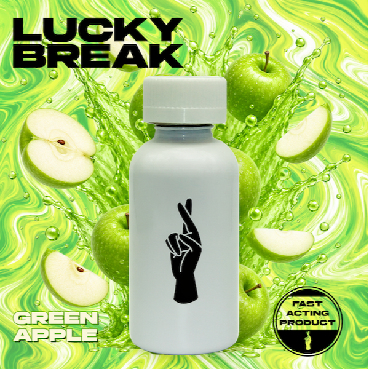 A supplement bottle with a black hand graphic, surrounded by green apples and apple slices with a splashing green liquid background, promoting a green apple flavored product.