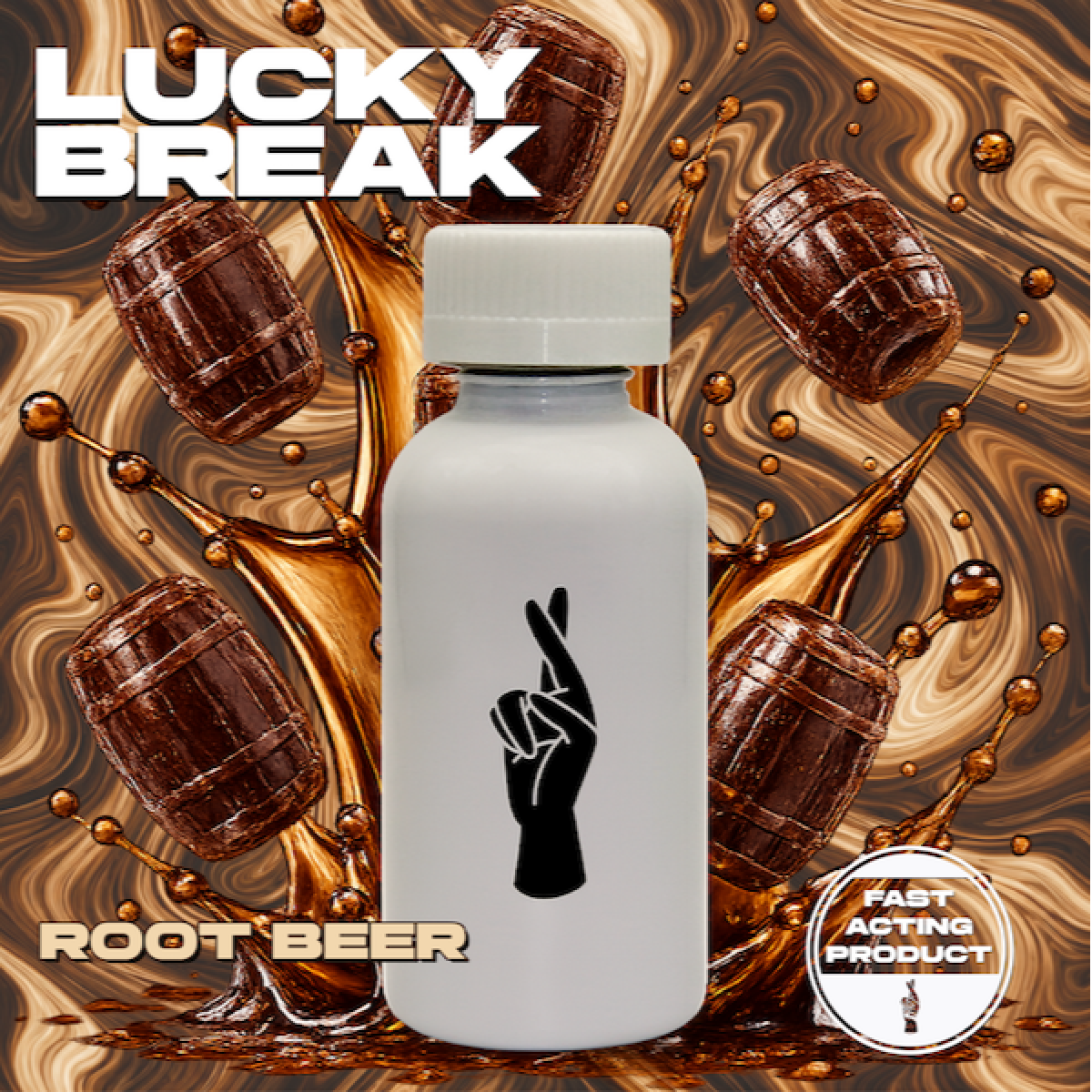 A white bottle with a black hand logo in the center, surrounded by floating wooden barrels and splashes of root beer, with a marbled brown background. Text on the image reads 'Lucky Break Root Beer' and 'Fast Acting Product'.