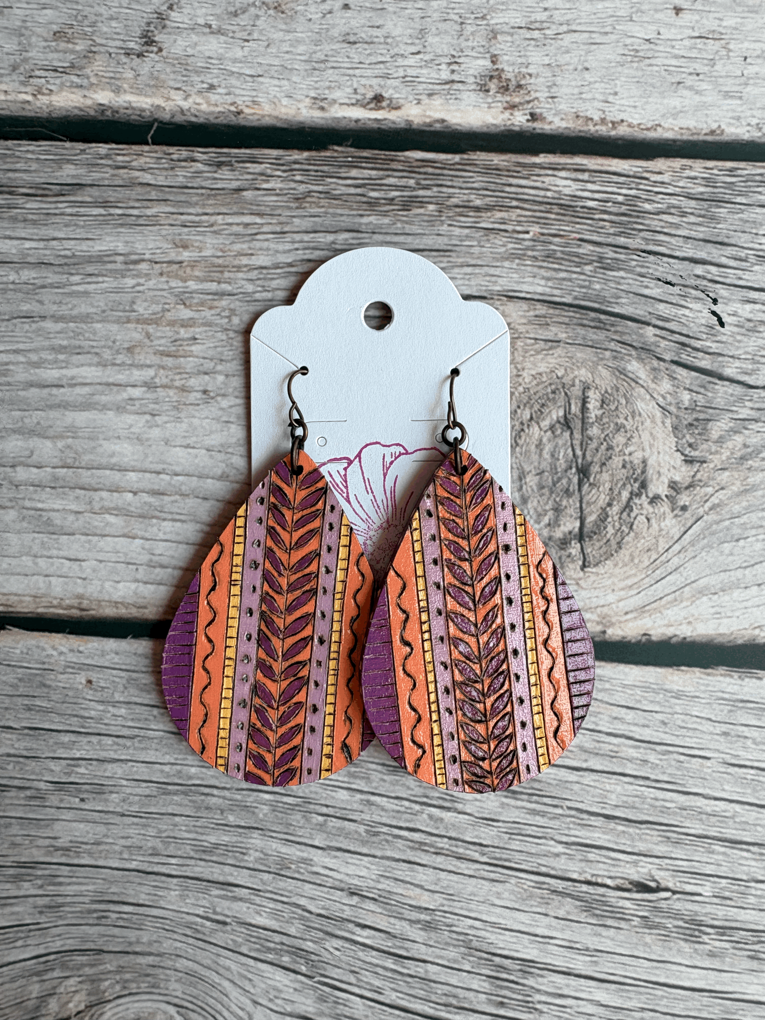 Large Boho Botannical Hand Burned Wood Earrings - Warm