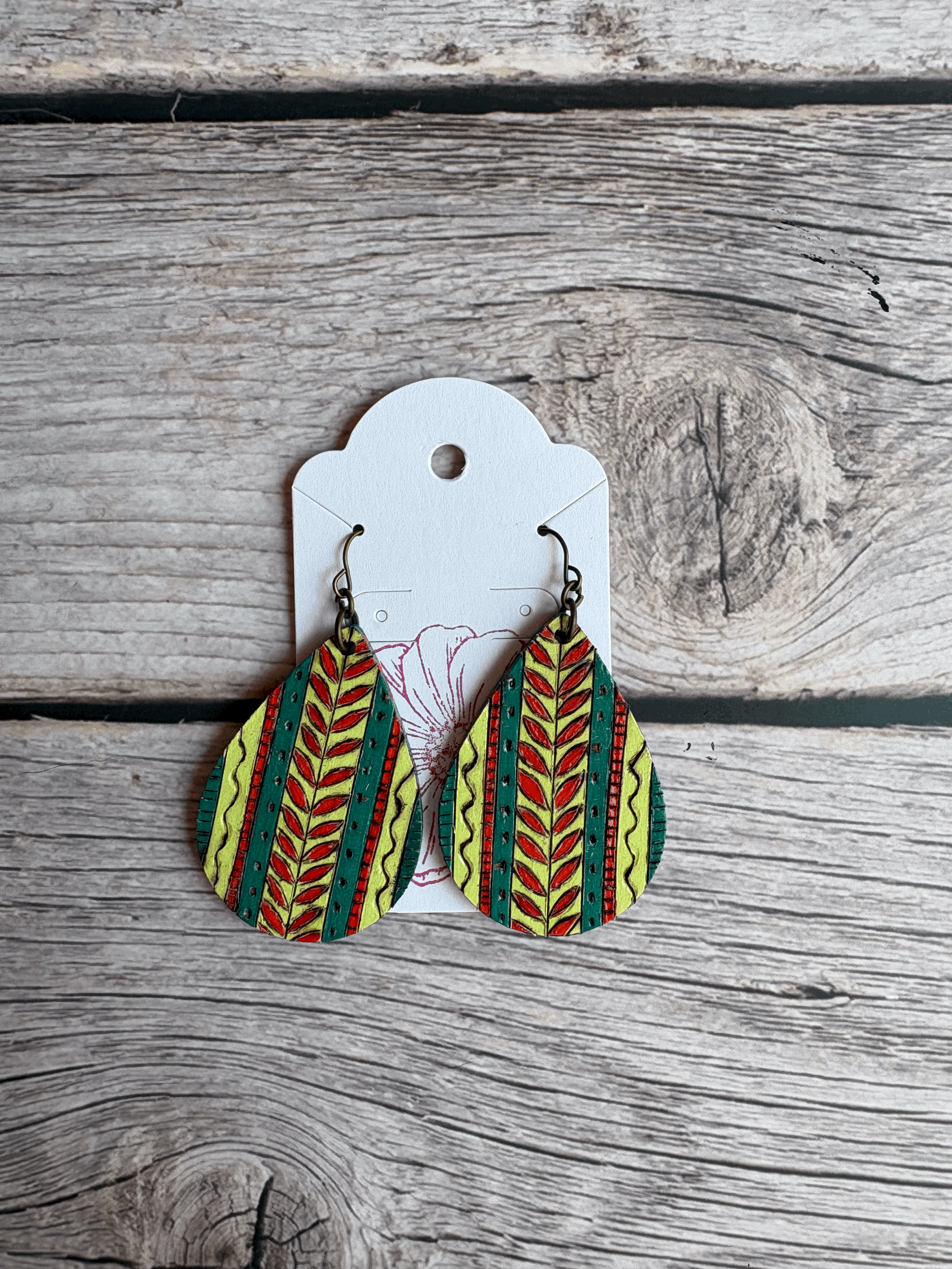 Medium Boho Botannical Hand Burned Earrings - Jungle Green