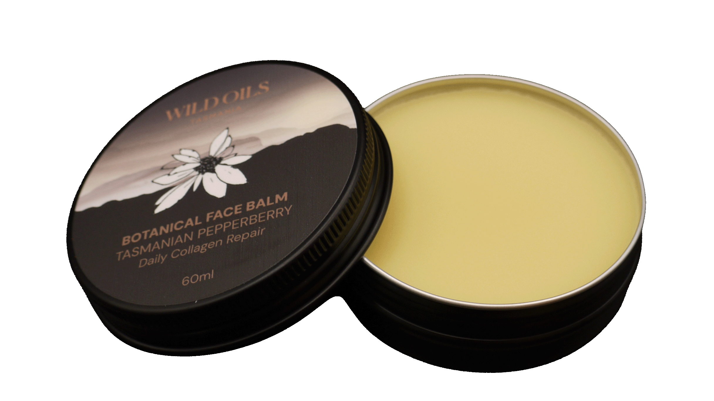 Open tin of Botanical Face Balm with image of Tasmanian Pepperberry on lid.