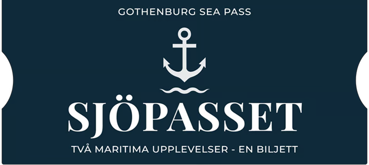 Gothenburg Sea Pass med en vit ankar-ikonen och texten SJÖPASSET, samt beskrivning av två maritima upplevelser.