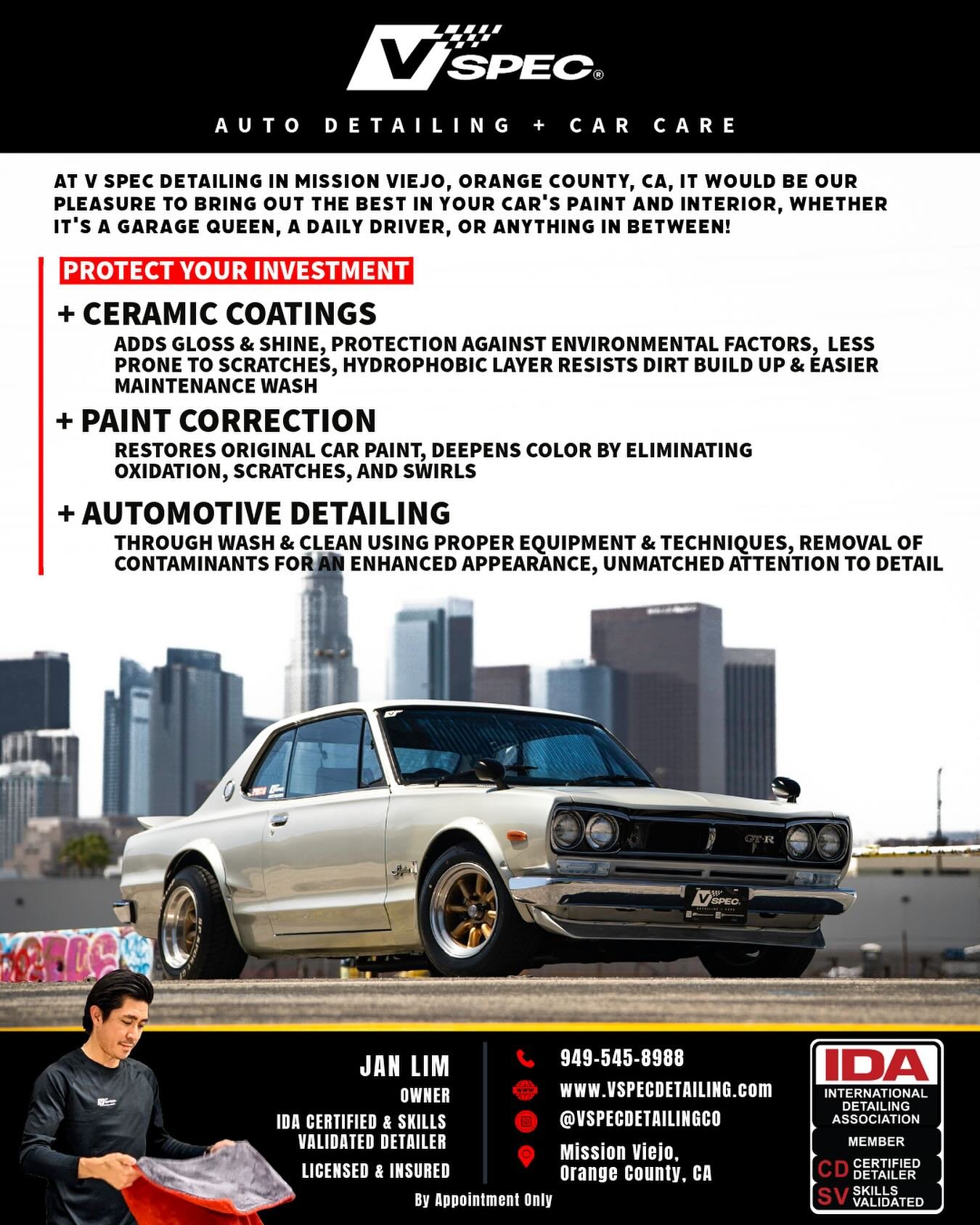 There&rsquo;s a huge difference between just getting your car &ldquo;cleaned&rdquo; and actually restoring and protecting your paint the right way.

At V Spec, it&rsquo;s not about volume, it&rsquo;s about precision. Whether you drive a classic, an e