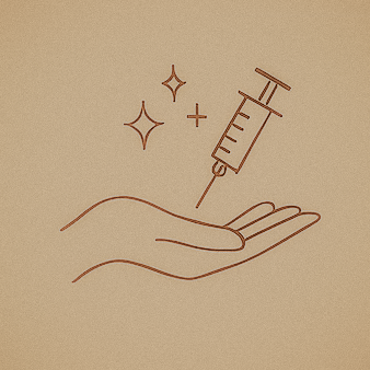 Hand mit einer Spritze über einer offenen Handfläche, symbolisiert Gesundheit oder Impfung.