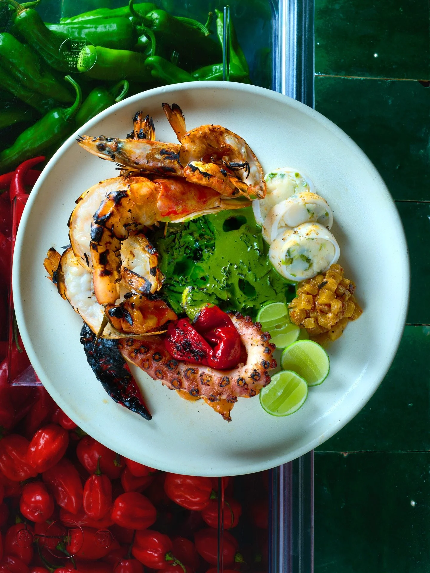 Inspired by the amazing variety of seafood in Ensenada, our mixed seafood main course includes Octopus, Shrimp, and Squid stuffed with Bay Scallops and Jalape&ntilde;o. Served with fresh tortillas, Pineapple XO and Salsa Verde.