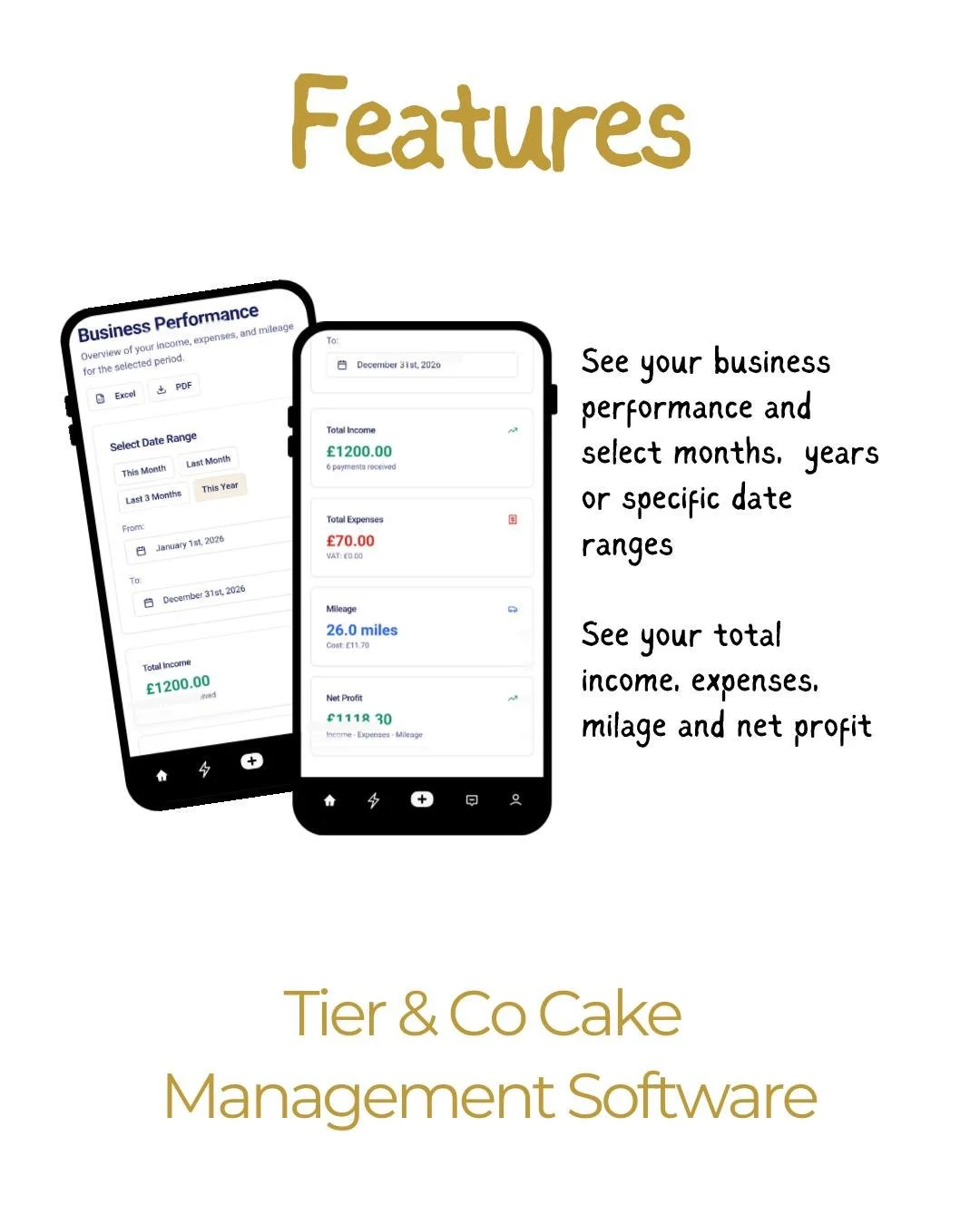See what your cake business actually made, not just what came in.

Choose a date range and view income, expenses, mileage and real profit in seconds.

No spreadsheets and no end of year guessing. You can also download these reports. 

See what else y