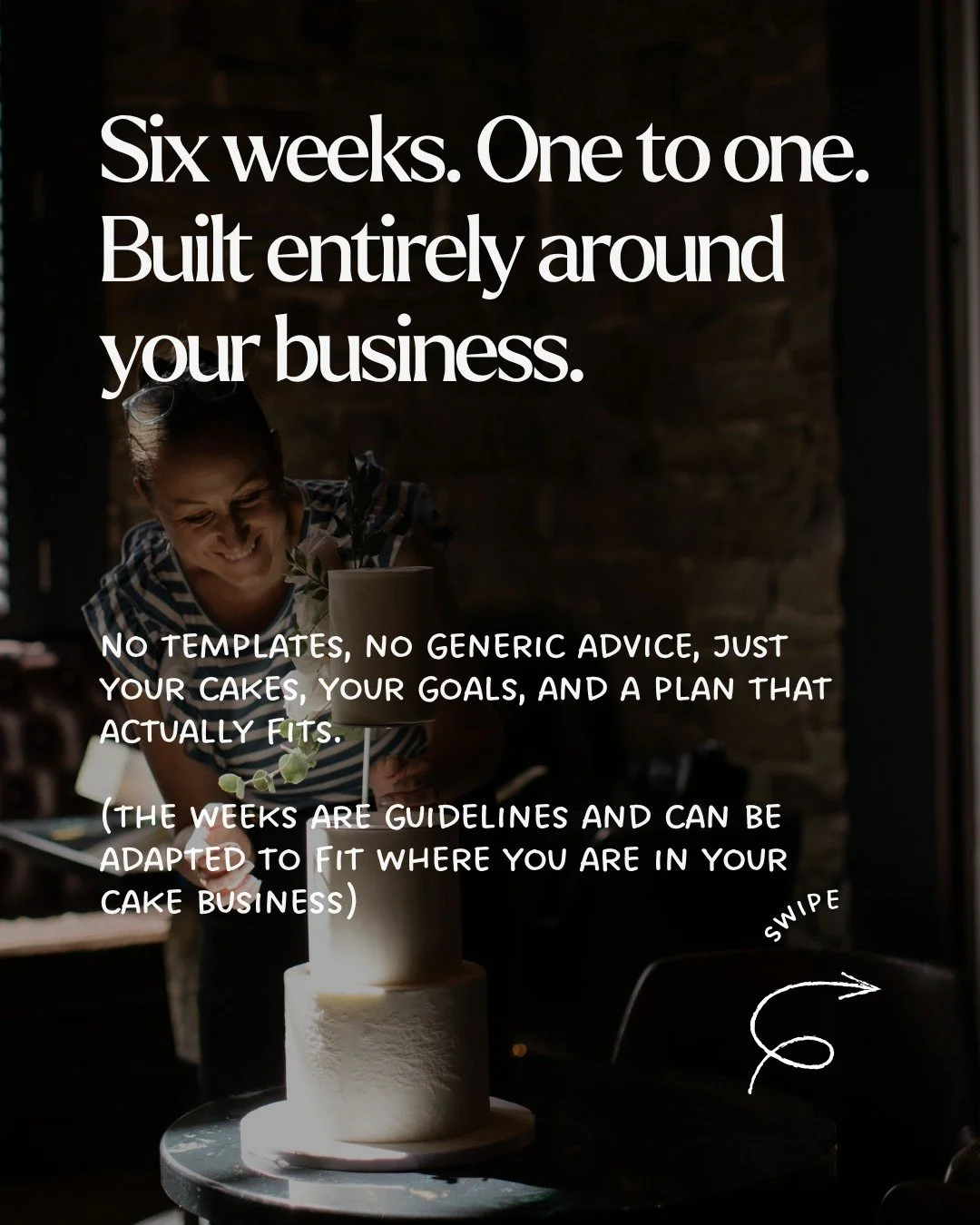 Guessing on your cake pricing? Winging every enquiry? Posting with no plan and hoping it works?

Sound familiar.

Six weeks with me one to one changes that. A plan built entirely around your business, your cakes, your goals.

We cover brand clarity, 