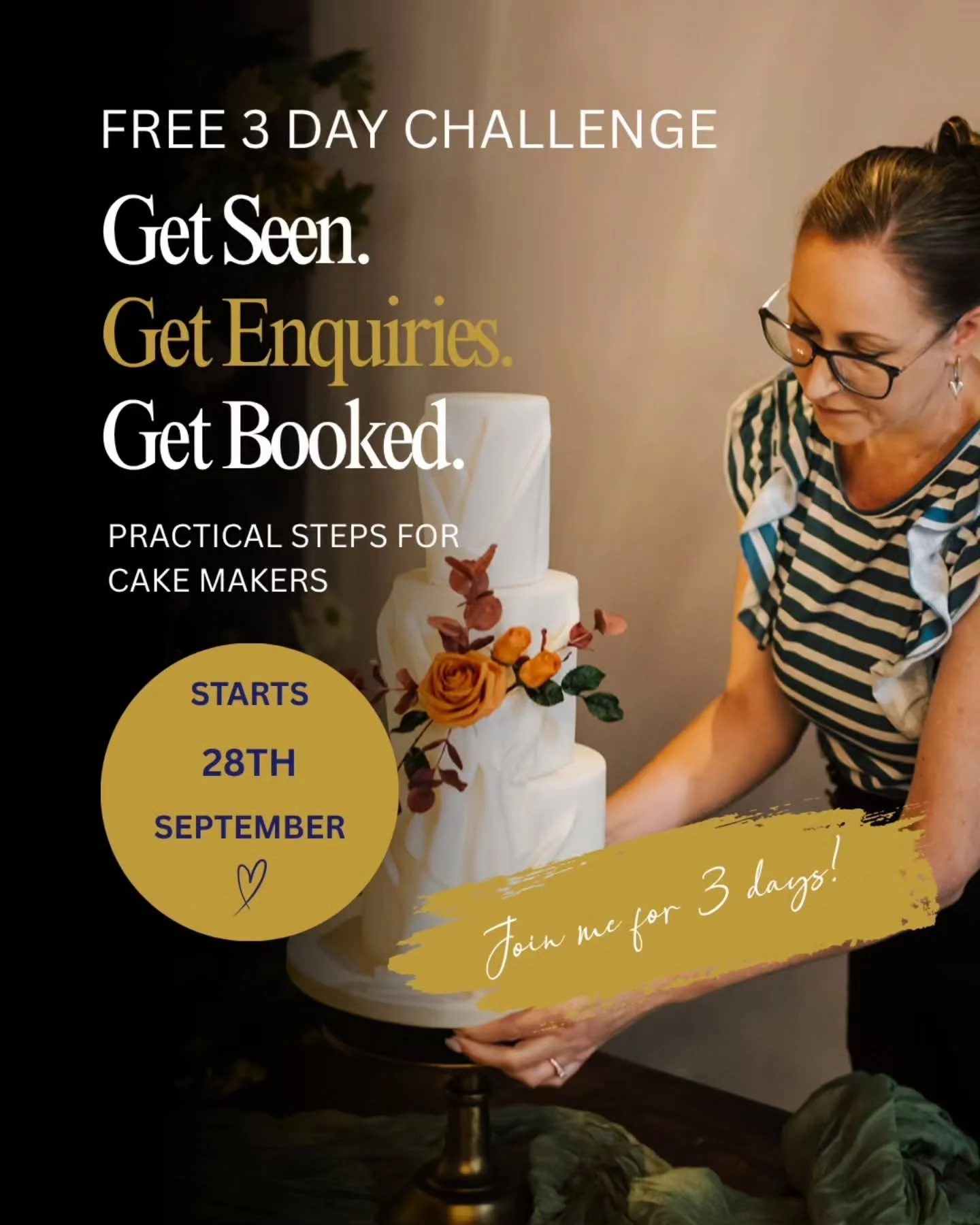 👇 Grab your place - COMMENT 'BOOKED' or click the link in my bio

Something exciting is coming for my fellow cake makers 🍰✨

At the end of September, I&rsquo;m running a FREE 3 Day Challenge:

✨ Get Seen. Get Enquiries. Get Booked. ✨

We&rsquo;ll w