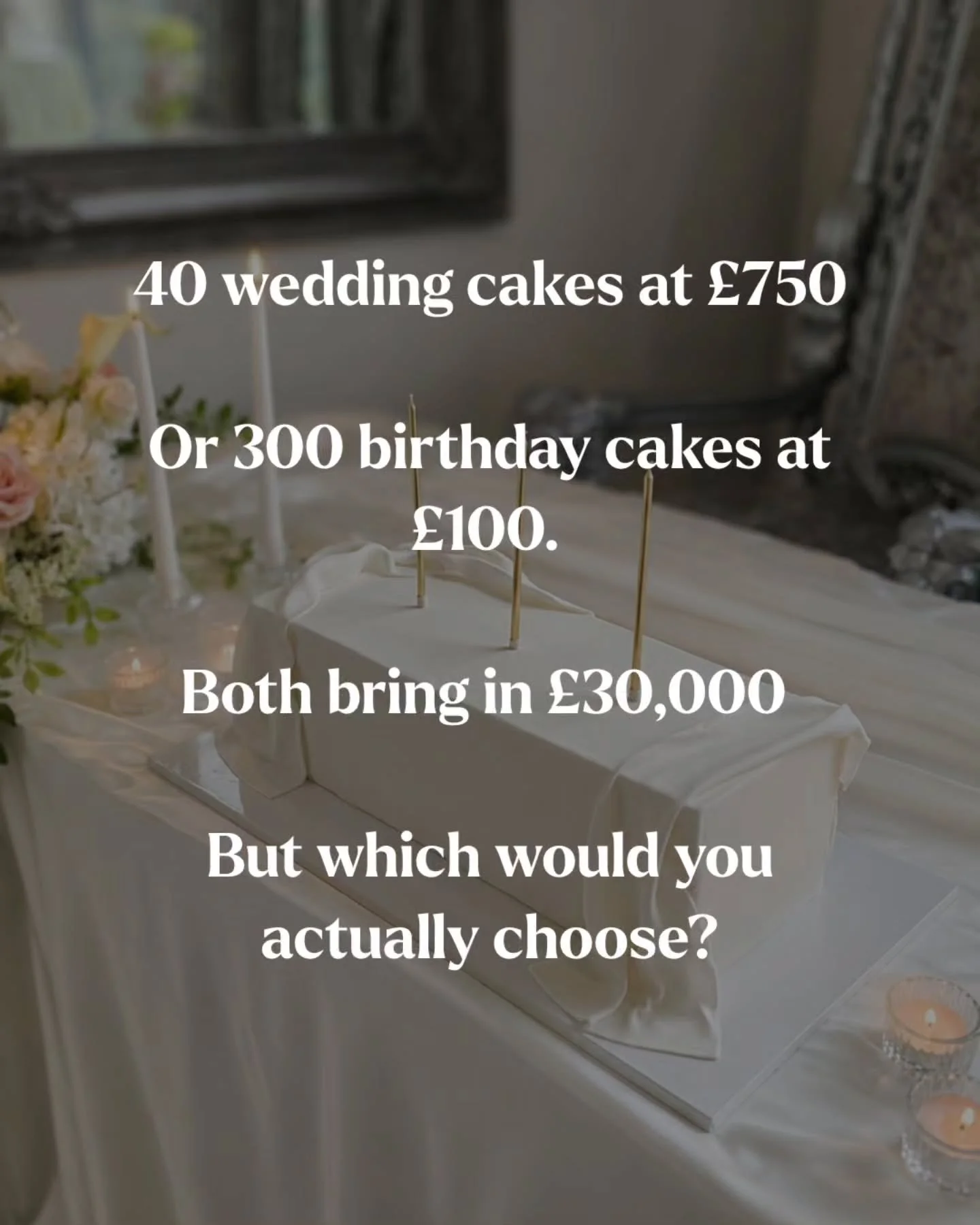 IKIKIK Its not always as static as these figures, this is to highlight the differences. But you can get these figures from your average cake costs. 

Same income. Two completely different businesses.

Neither answer is wrong, but your choice affects 