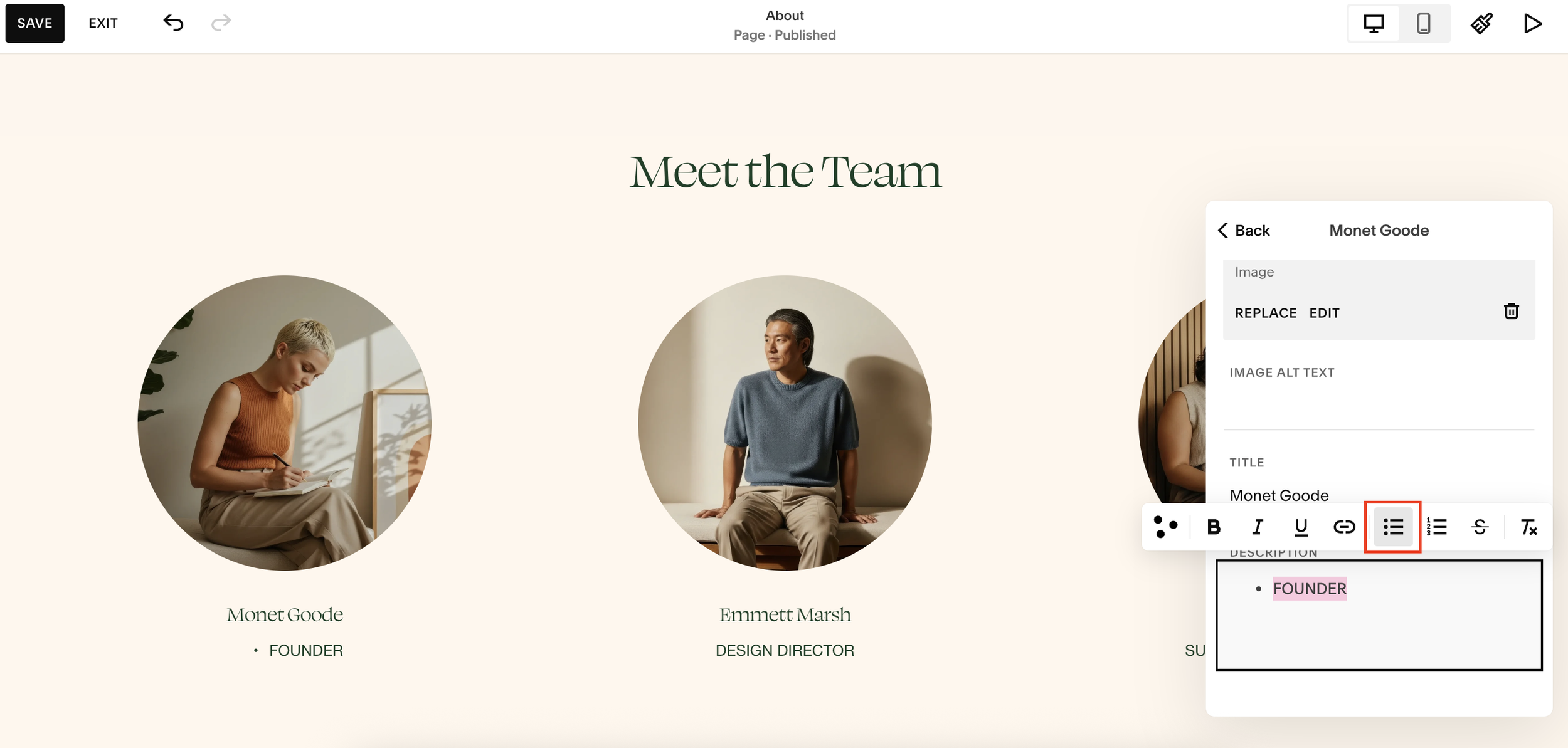 Add bullet points to Squarespace list sections