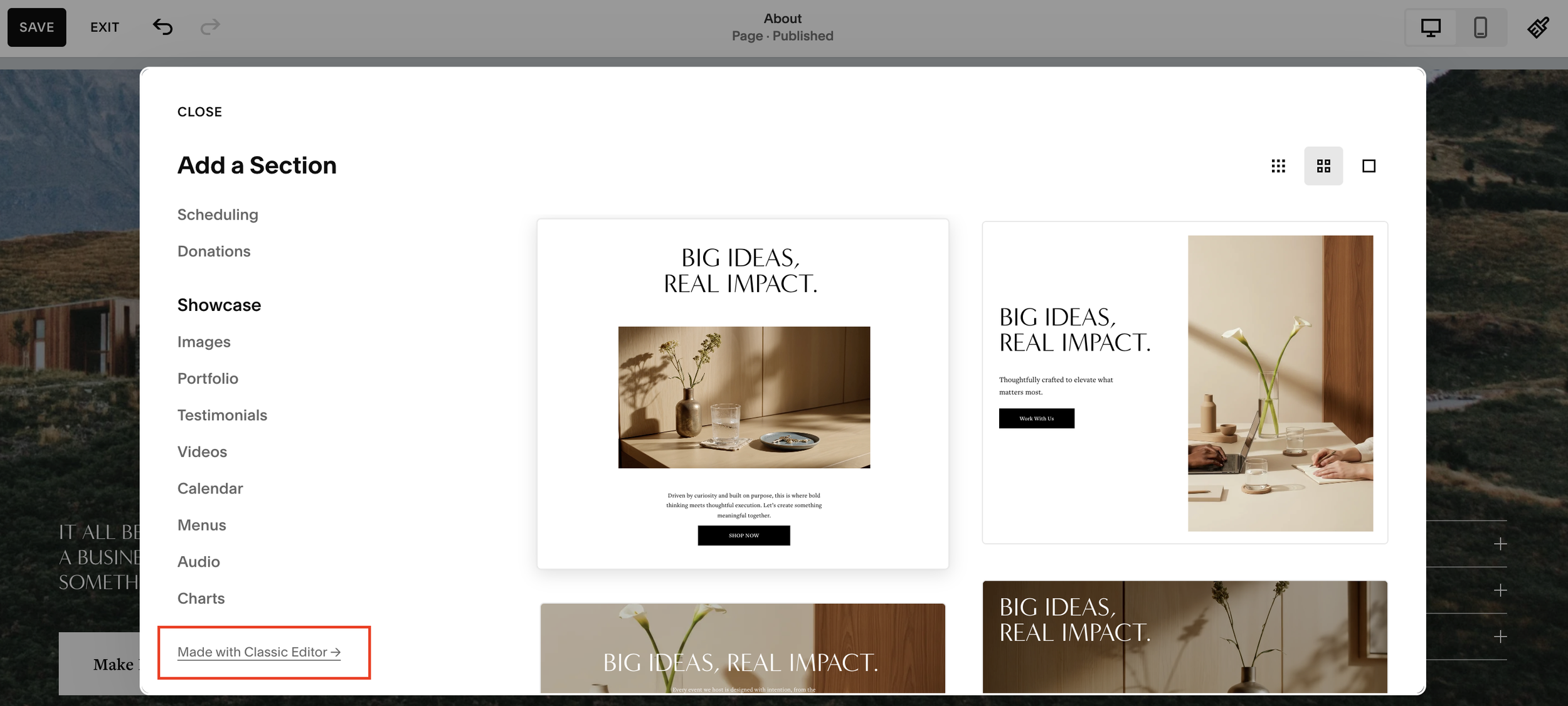 Adding a classic editor section on Squarespace