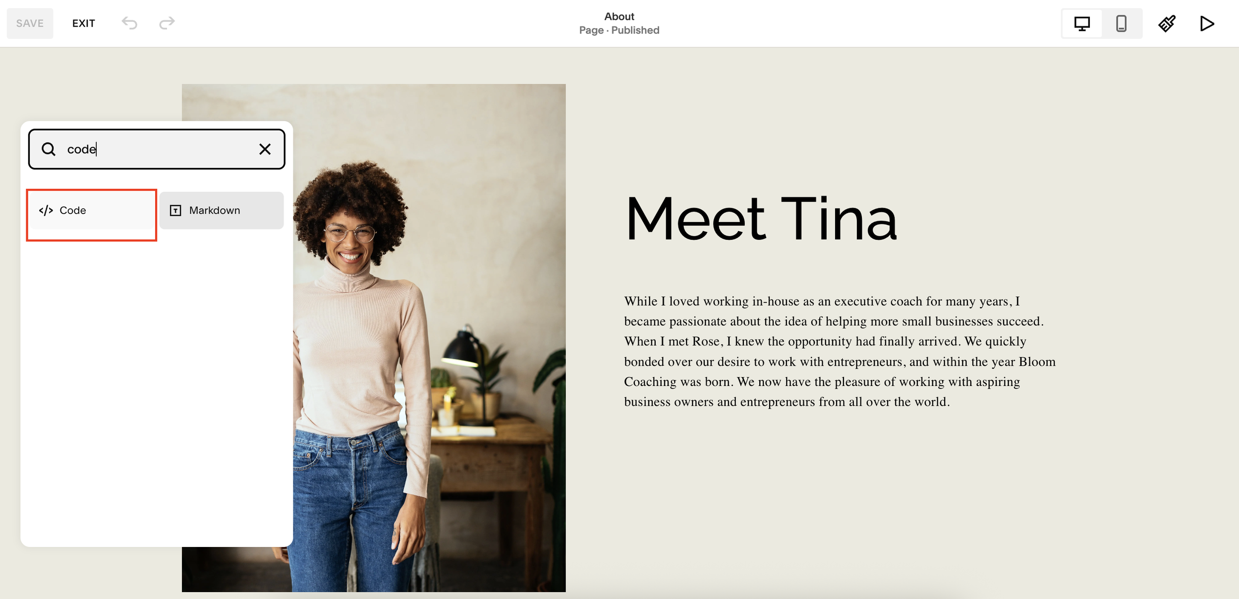 Add a code block on Squarespace