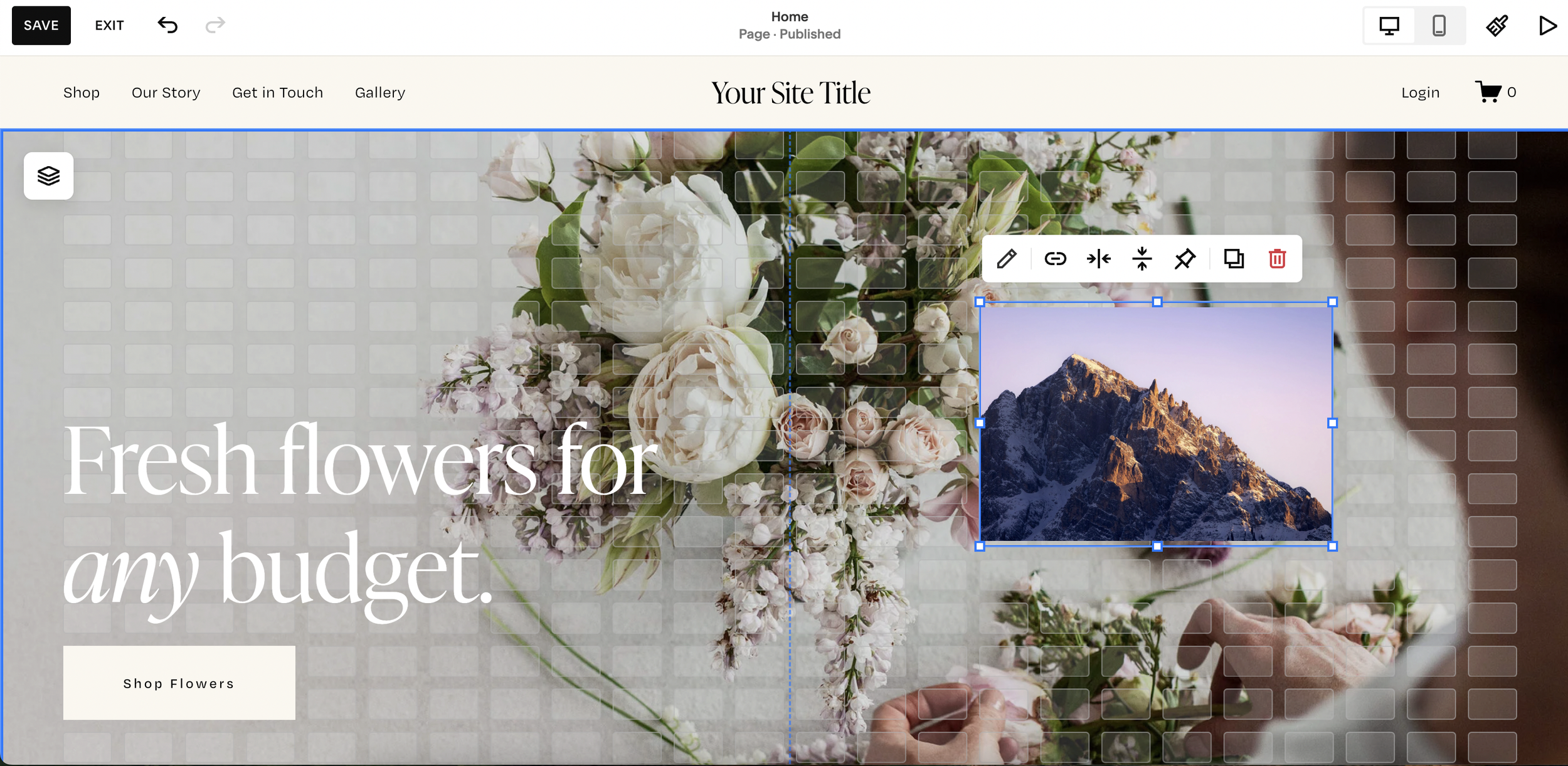 Using the grid to edit a section on Squarespace