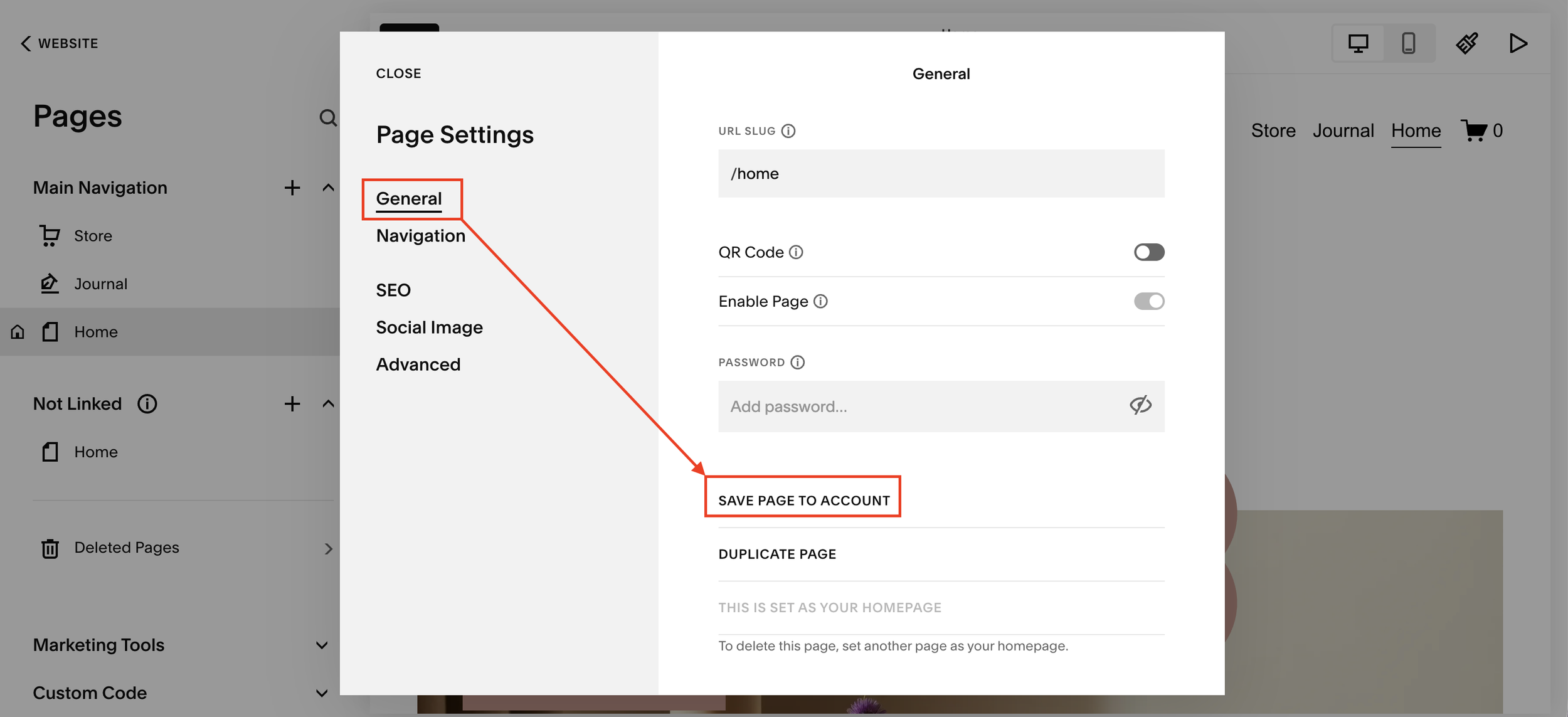 Saving a page to your account on Squarespace